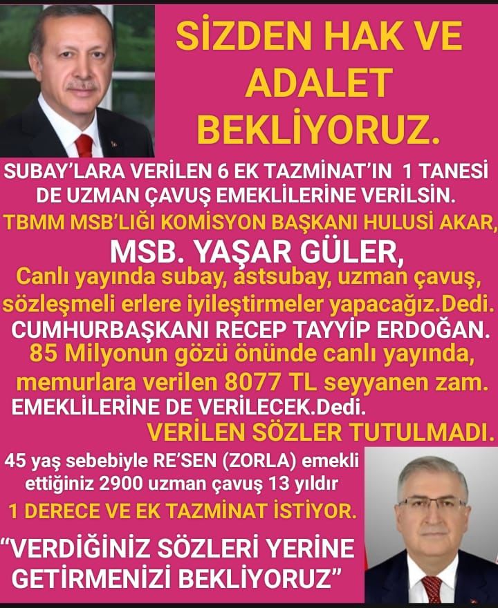 znur81547183830's tweet photo. @alitilkici38 @TEMUD_2024 #Tazminat ve düşük derece'li emekli #Uzmançavuş'lara  seyyanen 1 derece verilmeli.
@tcbestepe 
@RTErdogan 
@tcsavunma 
@aerdemcantimur
#TSK
#MSB
#MilliSavunmaBakanlığı
@heybetmusa
@SuayAlpay
@hulusiakarmedya
@TSKGnkur
@avabdullahguler
@Akparti 
@memetsimsek
@valisalihayhan https://t.co/70KqEREhwj