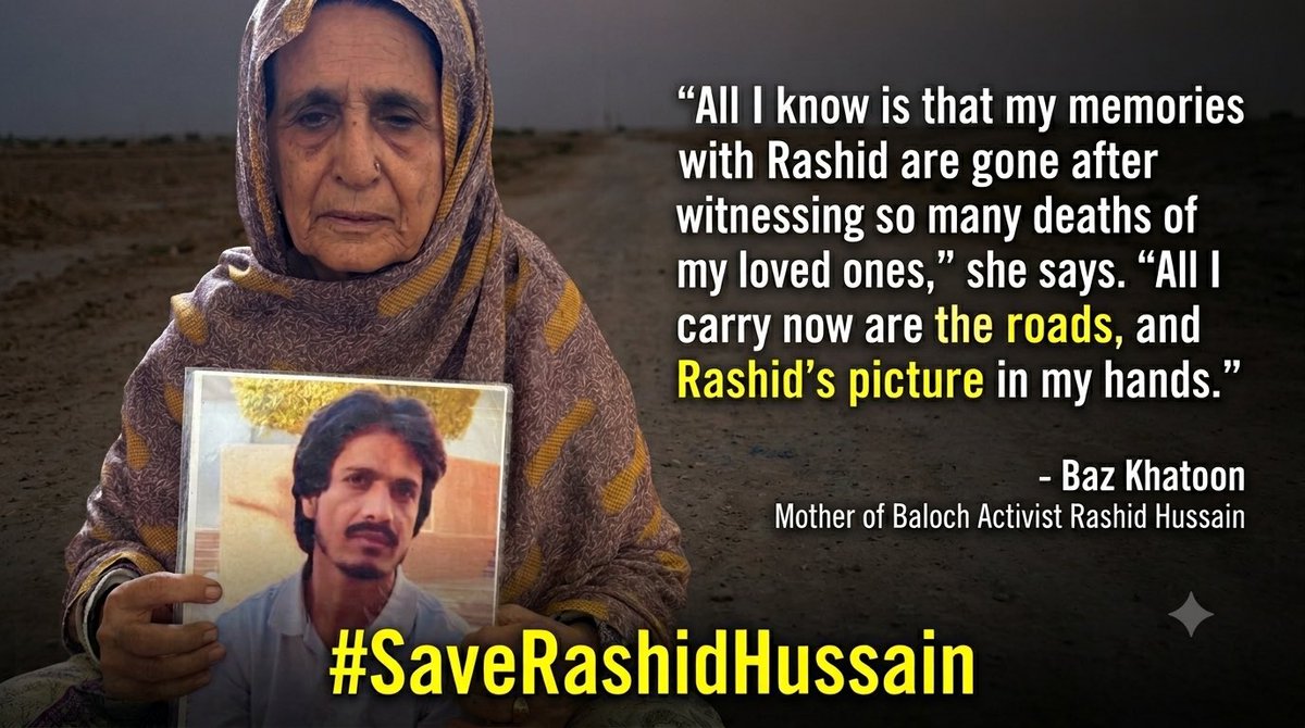 bashambaluch109's tweet photo. “All I know is that my memories with Rashid are gone after witnessing so many deaths of my loved ones,” she says. “All I carry now are the roads, and Rashid’s picture in my hands.”

Baz Khatoon Mother of Baloch Activist Rashid Hussain 

Lumma Jan

#SaveRashidHussain https://t.co/m2VD2JKYm4
