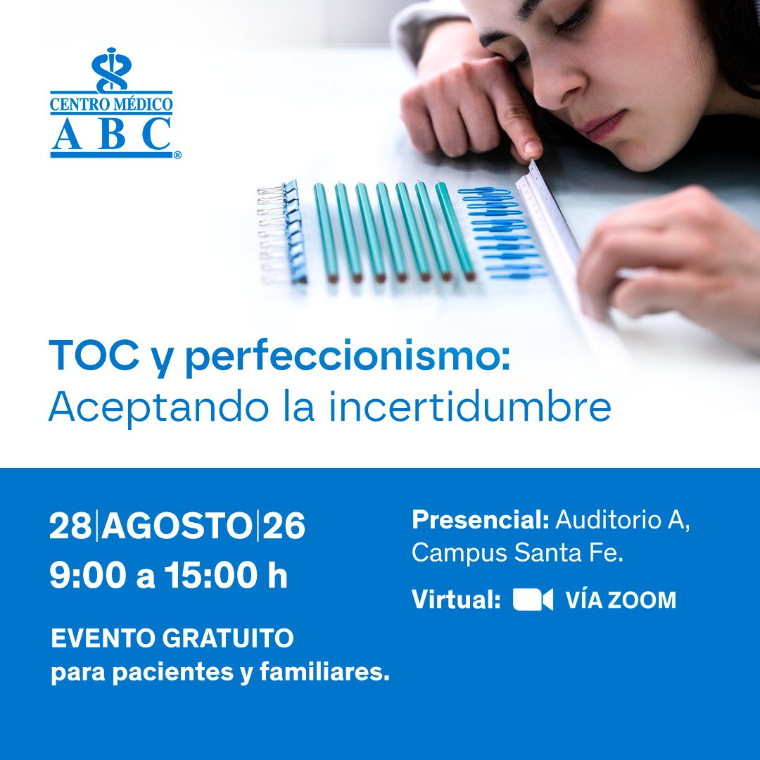 ABCcentromedico's tweet photo. Te invitamos al evento gratuito "TOC y perfeccionismo: aceptando la incertidumbre", un espacio de apoyo para pacientes y familias.

28 de agosto, 2026. 9:00 a 15:00 h.
Híbrido: Campus Santa Fe / Zoom
¡Cupo limitado presencial!

Regístrate a tiempo aquí:  https://t.co/8vYOgcwfLD

NoticiasABC