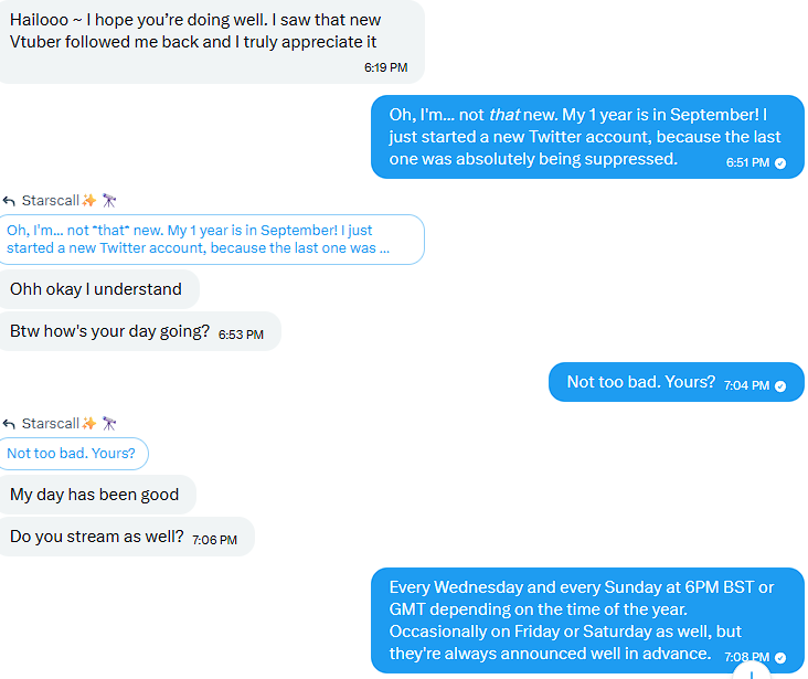 StarscallVT's tweet photo. @xaiahminami Ah, yeah, I've had one of those recently. Not the full convo, just parts of it.
I felt so, so gullible at the end of it. https://t.co/EXbEOHEXS5