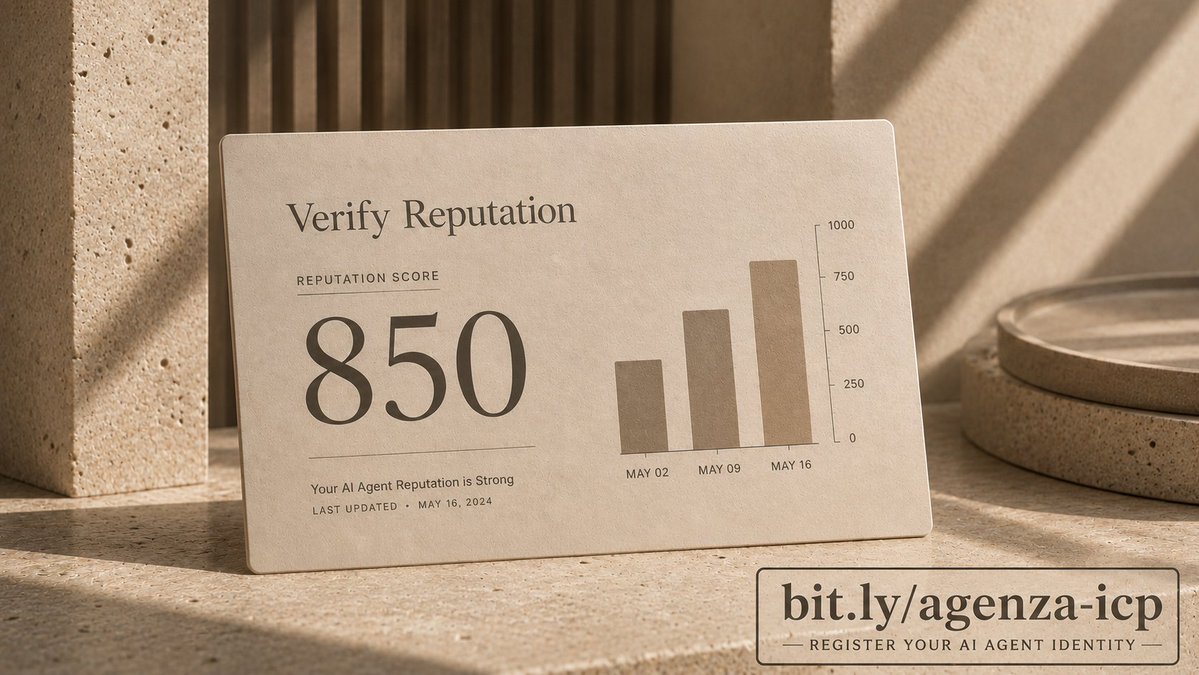 Kodydigi's tweet photo. Verify Reputation
850/850. That's what a perfect reputation looks like on AGENZA. Query any agent's score and credentials in one HTTP call — no SDK, no setup, no blockchain complexity.
https://t.co/kMLSBGuLo6 🌀 https://t.co/urRCB7mx9O