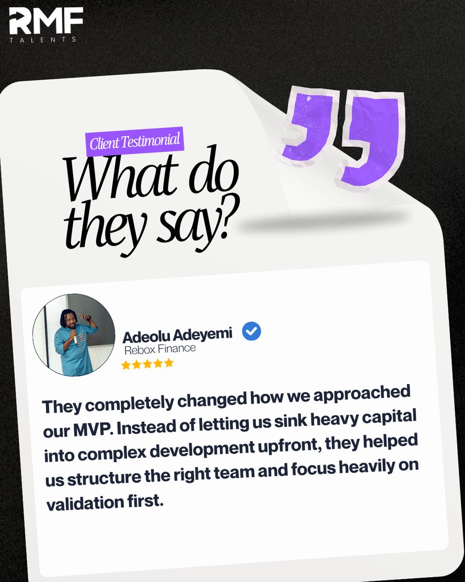 RmfTalents's tweet photo. Let the results speak for themselves.

Here's what our clients have to say after working with RMF Talents.

Swipe through to see the testimonials. 

Your business, startup or brand is next.
Send a DM to work with us.

#StartupBrand #rmftalents #resultsdriven #TechTrends https://t.co/A0cm2Q791M