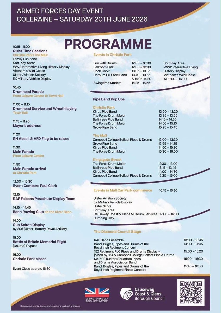 niveteranscomm's tweet photo. Tomorrow we proudly celebrate Armed Forces Day 💂‍♀️

Join the celebrations in Coleraine for military displays, family activities, local food &amp; craft stalls, plus the RAF Falcons 🪂, a Gun Salute 🫡 and the Battle of Britain Memorial Flight ✈️.

See the programme below 👇 https://t.co/yX4vqNdKzP