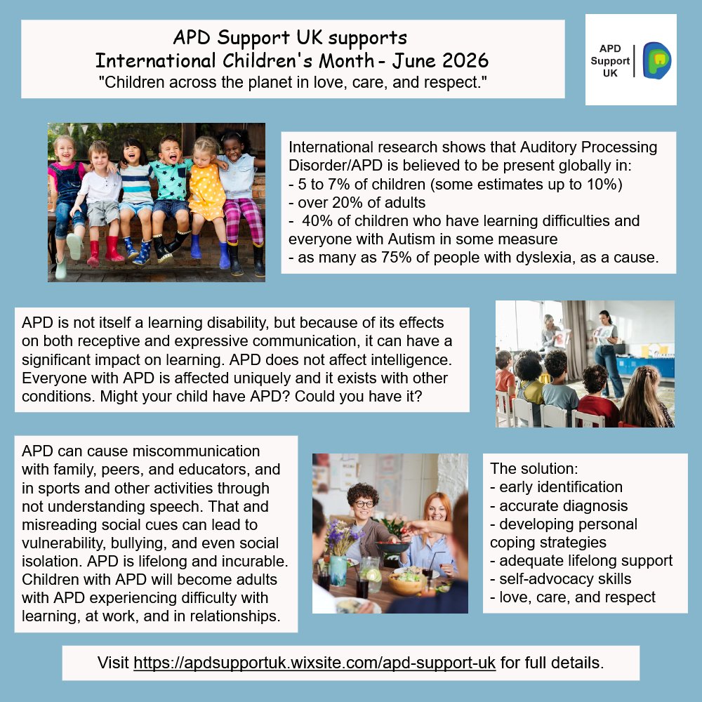 APDSupportUK's tweet photo. Please share.#internationalchildrensawarenessmonth #apdsupportuk #audiology #apd #auditoryprocessingdisorder #hearingdisorder #dyslexia #autism #autisticspectrum #speechandlanguage #disability #school #invisibledisability #education #earlyintervention #inclusionmatters https://t.co/lPM73NE8uD