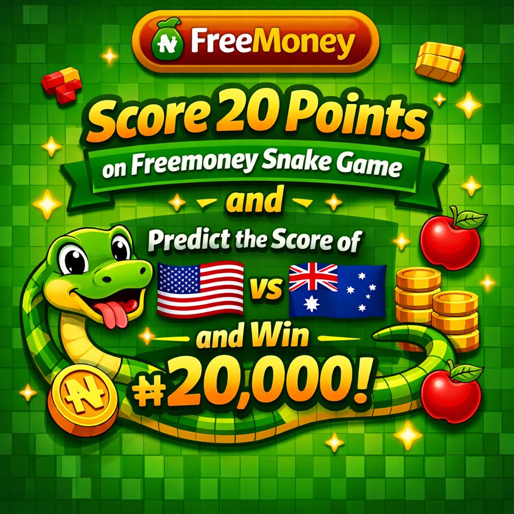 freemoneyng's tweet photo. Download  freemoney: Play the moment app 
from the app or play store.  

Play the Snake game on it. 
Score 20 points 
Be the first to share a screenshot here 
Predict the USA vs Australia score

And win N20,000.  

Must be following and must retweet https://t.co/E4Y2UQaDH4