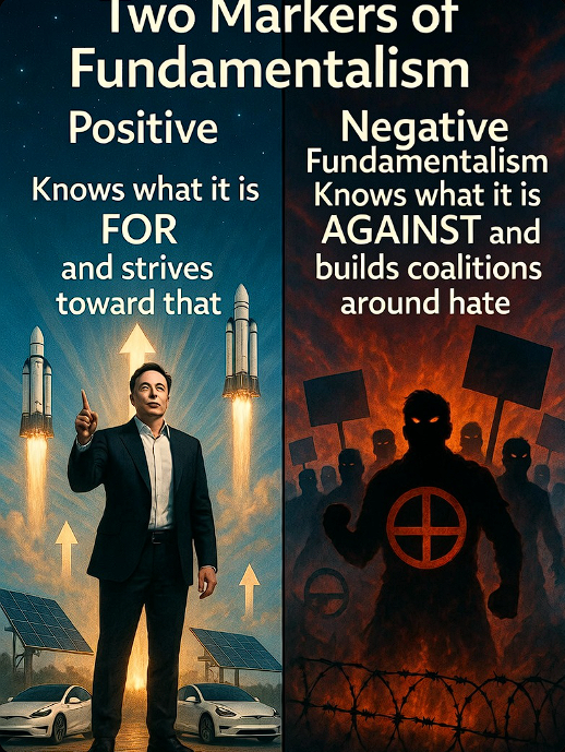 LeeJamison9's tweet photo. To any thinking person there should be two markers of fundamentalism.
The positive kind knows what it is FOR and strives toward that. Think Elon Musk.
The negative kind knows what it is AGAINST and seeks to build coalitions around that hate. Think atheists, leftists, and Nazis. https://t.co/5EkHSSknv8