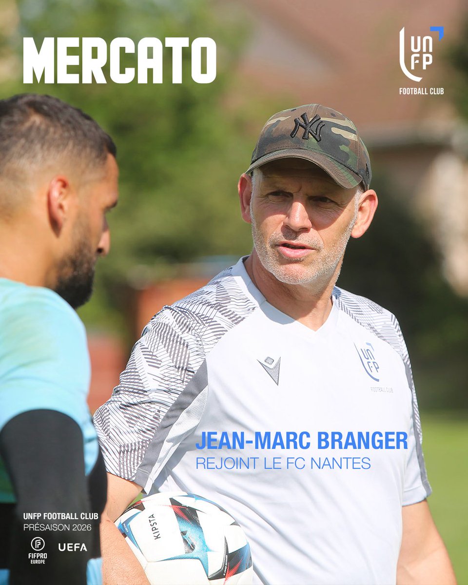 UNFP's tweet photo. Félicitations, Jean-Marc ! 👏

On est très heureux pour @Branger_JM , qui rejoint le @FCNantes  comme responsable de la performance, aux côtés de Michel Der Zakarian.

Entraîneur des gardiens, préparateur physique, responsable de la performance : ce très grand professionnel a mis toute son expérience et son exigence au service des joueurs de l'UNFP Football Club, qu'il a encadrés à plusieurs reprises en 2021, 2022 et 2023.

Une nouvelle aventure démarre du côté de la Jonelière, et toute l’équipe de l’UNFP FC te souhaite le meilleur.
 
 🤝 Bonne route Jean-Marc.

#UNFPFootballClub #nevergiveup