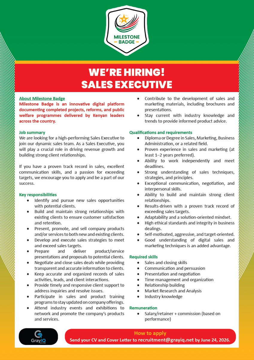 MilestonesLog's tweet photo. We are looking for a high-performing Sales Executive to join our dynamic sales team. Apply by June 24, 2026. https://t.co/VK53JsGiYC