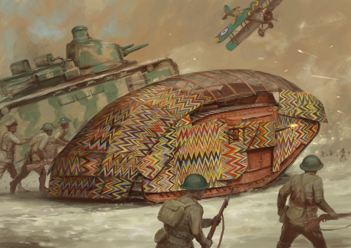 momo_fui's tweet photo. (wip)第一次世界大戦、英国のMk.IV重戦車雌型(機関銃搭載型)の試験迷彩。たぶん幻惑迷彩とかいわれるもの。当時の軍事迷彩の研究には画家も関わったらしいが…これは？もう少し加筆、微調整して完成です。 https://t.co/B9y0gCFXe6