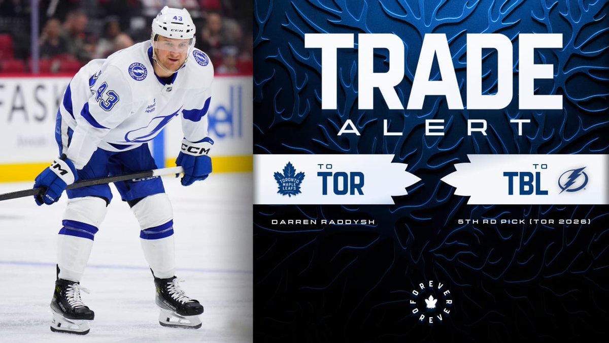 NHLcat's tweet photo. Els @MapleLeafs 🍁 es fan amb els serveis (i nou contracte de $8'5M anuals durant 8 anys) de Darren Raddysh via traspàs amb els @TBLightning ⚡️. #LeafsForever https://t.co/RdU8s2DbmR