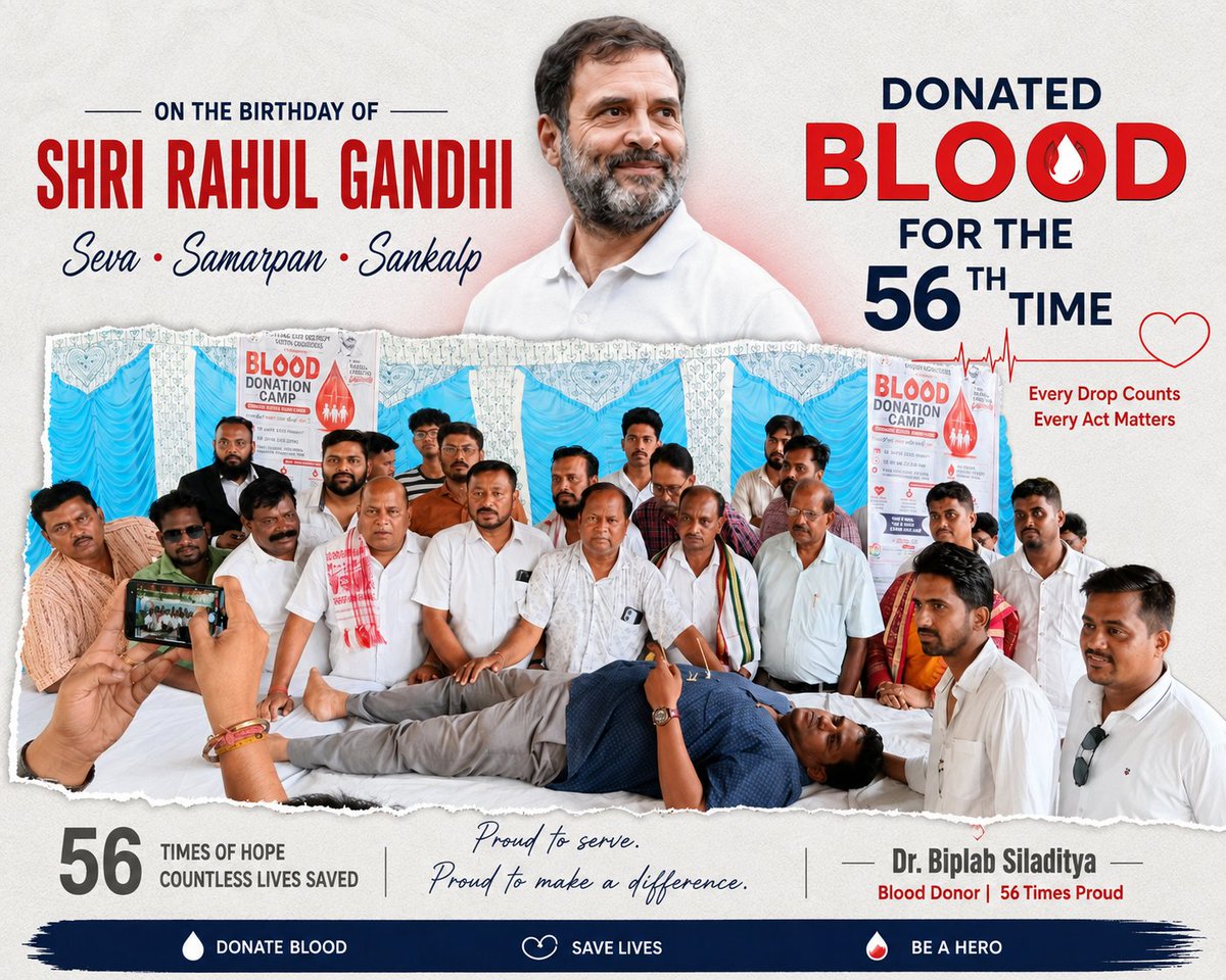 BiplabSiladitya's tweet photo. Today feels special as on the occasion of Rahul Gandhi ji’s 56th birthday, I completed my 56th blood donation, a mere coincidence, yet a powerful reminder that service to humanity connects us all.
Proud to continue this journey of giving.
#HappyBirthdayRahulGandhi https://t.co/mLcjR8Mq8m