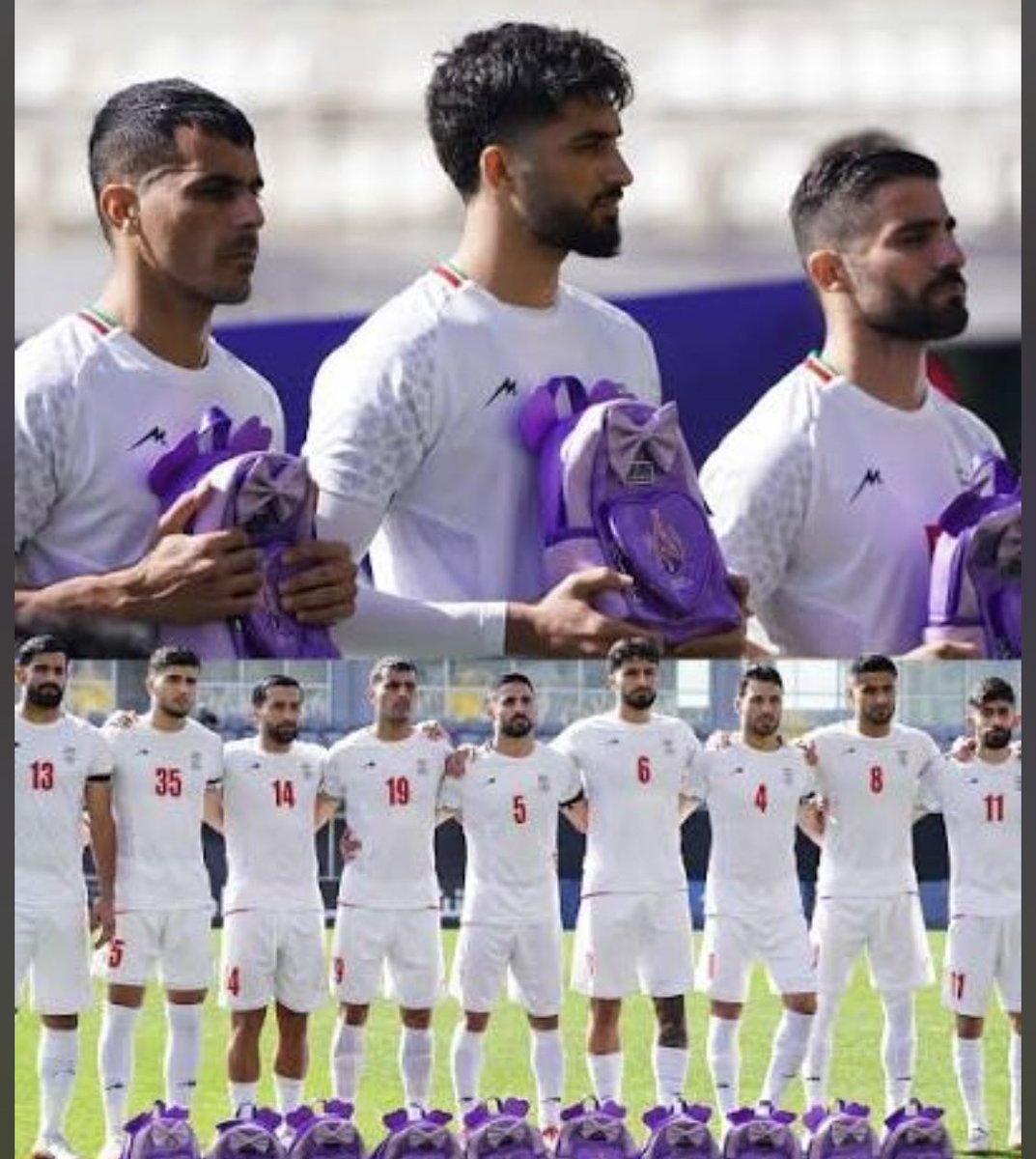 landpalestine's tweet photo. Iran team holds schoolbags in tribute of 168 girls killed the by United state https://t.co/e6iUAXV9Bc