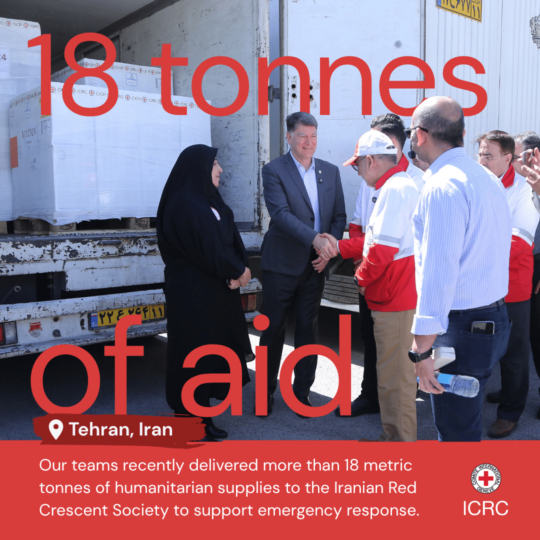 ICRC's tweet photo. 📍Iran | We have delivered more than 18 tonnes of humanitarian supplies to the Iranian Red Crescent Society to support emergency response efforts.
 
The shipment includes medical items for first-aid disaster response and protective equipment for first responders, helping replenish emergency stocks used during recent hostilities.
 
Learn more 👉🏽https://t.co/RAkzbxCuqw