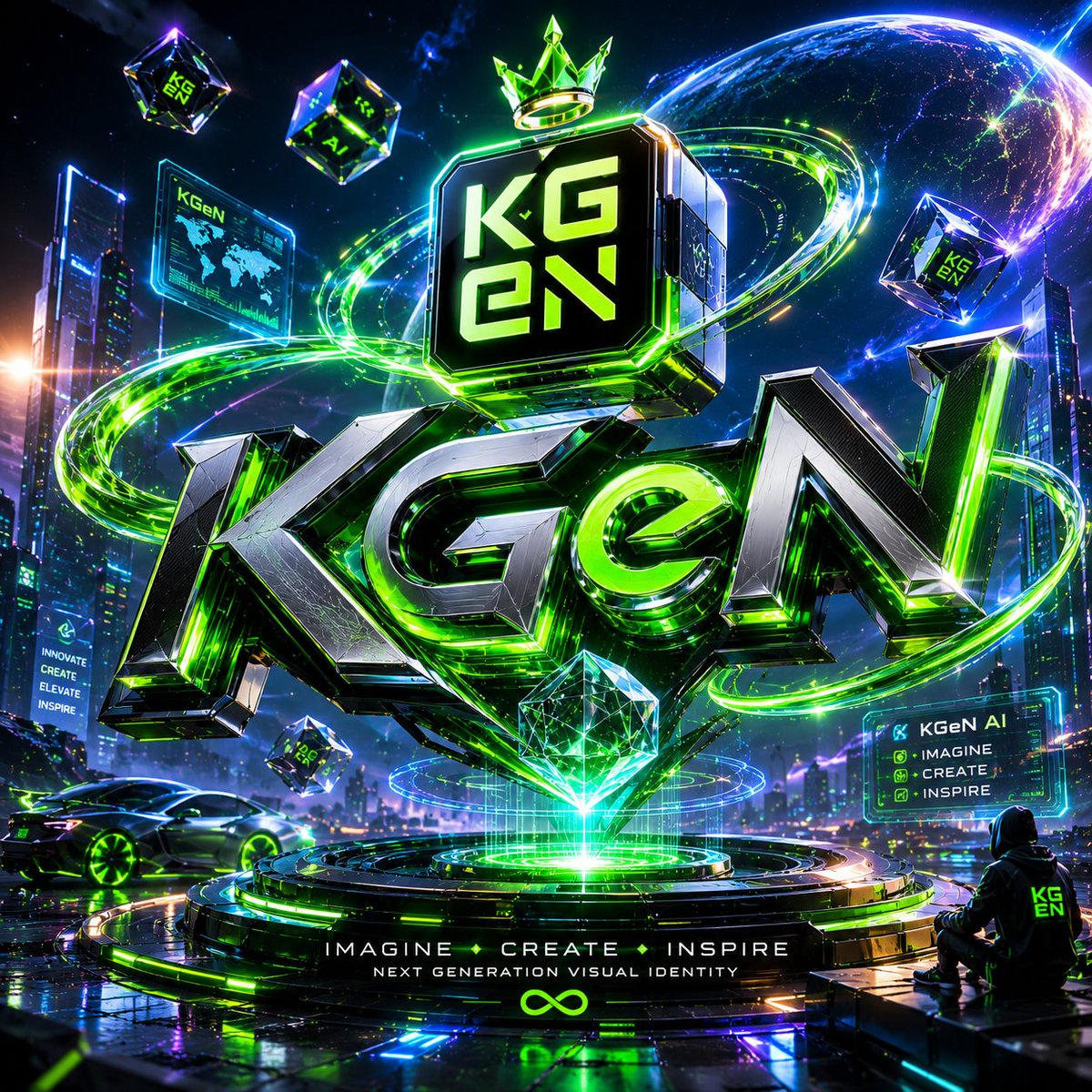Waylen_0's tweet photo. 🚀👑 KGeN：无限创造的王冠 👑🚀

如果创造力没有边界，会怎样？

如果每一个灵感都能瞬间化为现实，又会怎样？

这幅作品将 KGeN Logo 重新构想为未来数字宇宙的核心引擎——一个汇聚人工智能、创新科技与人类创造力的能量中心，共同塑造未来的无限可能。✨🌍 https://t.co/rvgPxdHt4e