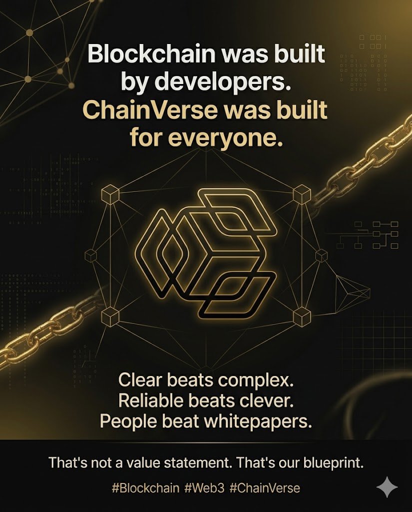 chain_verse25's tweet photo. Blockchain was built by developers, for developers.
ChainVerse was built for everyone they left out.
Clear beats complex. Reliable beats clever. People beat whitepapers.
That's not a value statement. That's our blueprint.
#Blockchain #Web3 #ChainVerse https://t.co/b2rTaeGL3h