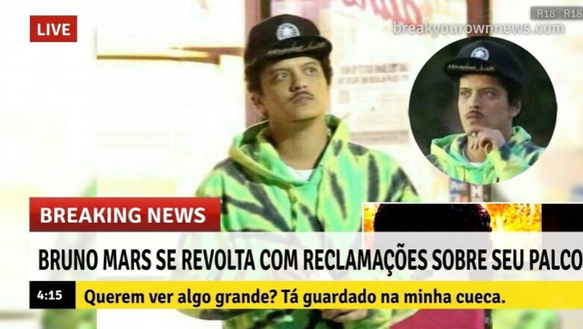 YmYogesh63367's tweet photo. The Portuguese text says:
"Bruno Mars se revolta com reclamações sobre seu palco"
➡️ "Bruno Mars gets upset/angry about complaints regarding his stage."
And the yellow subtitle: Means 
➡️ "You want to see something big? It's stored in my underwear." 😭😂 https://t.co/oWEA7PaQ7T