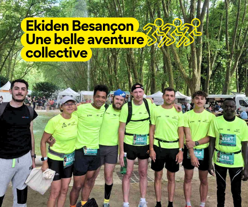 BATIMENTCFA_BFC's tweet photo. 👟 [EKIDEN BESANÇON : UNE BELLE AVENTURE COLLECTIVE] 💪
3 boucles. 2 terrains. 2 équipes de 6. Et surtout, une ambiance de folie 🙌
🥉 12ᵉ pour nos apprentis (3h41)
🏅 28ᵉ pour notre équipe pédagogique (4h00)
sur 202 équipes au départ ! 
#cohesion #apprentissage #formation https://t.co/xI5D7p06fY
