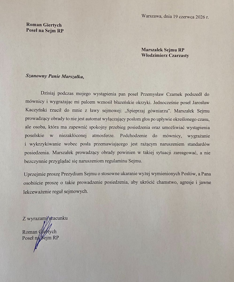 GiertychRoman's tweet photo. Mój wniosek o ukaranie posłów Czarnka i Kaczyńskiego oraz o bardziej asertywne prowadzenie obrad. https://t.co/EAw8wFFEZR