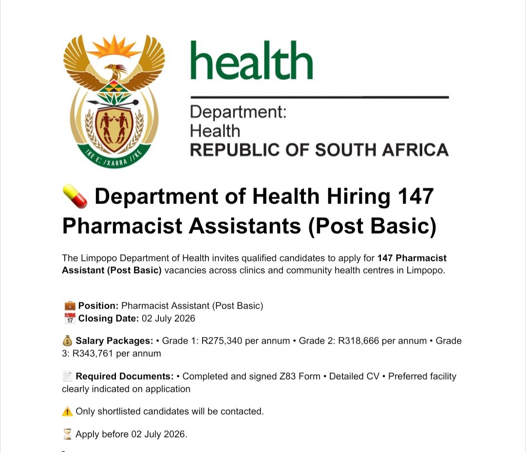 Dailyspark7's tweet photo. 💊 147 PHARMACIST ASSISTANT POSTS AVAILABLE

The Department of Health is recruiting 147 Pharmacist Assistant (Post Basic) positions.

📅 Closing Date: 02 July 2026

🔗 Apply here:
https://t.co/z4FWFh9OlK https://t.co/a930c1HlIQ