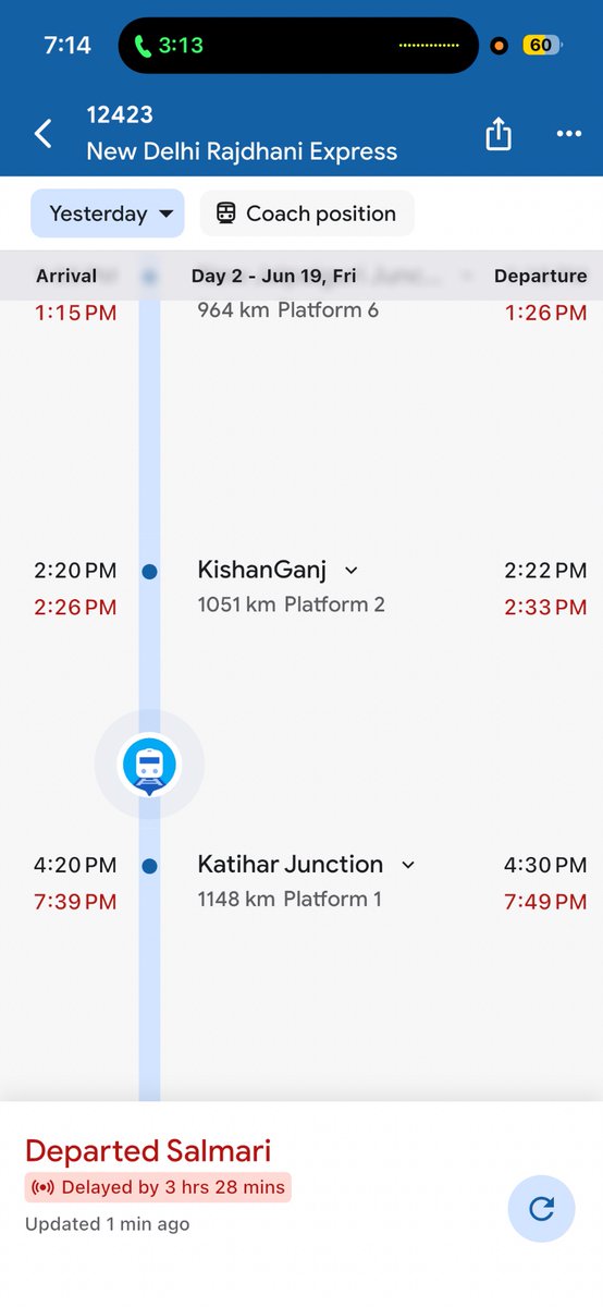 theavijitb's tweet photo. 12424 Rajdhani express is standing at same location for more than 3.5 hours, whats wrong !! Train should have diverted if any issue with this route. Kindly look into ASAP.
@RailMinIndia @AshwiniVaishnaw 
@RailwaySeva 
@RailNf 
@drm_kir https://t.co/cVHbEkVaFJ