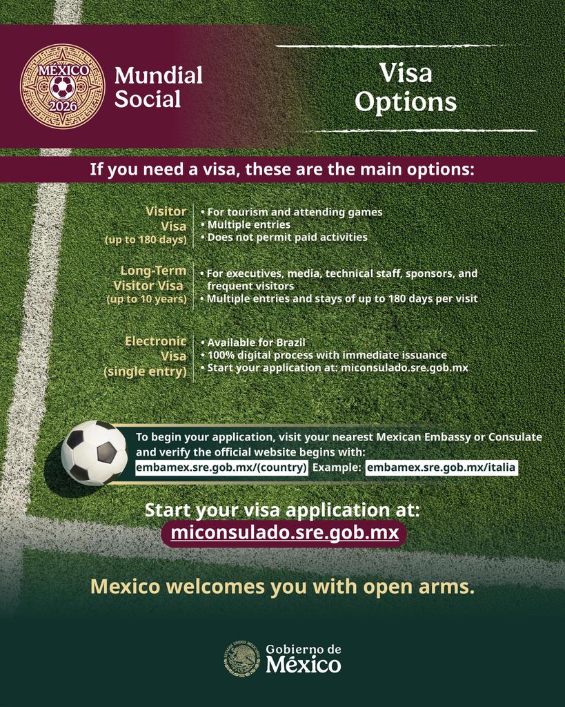 EmbaMexIrn's tweet photo. ⚽ Traveling to Mexico for the FIFA World Cup 2026?

Check whether you need a visa based on your nationality.

Use official sources only and review entry requirements at:

👉 https://t.co/bEHZ9tWtOO

🇲🇽 Mexico is ready to welcome you. https://t.co/7hwUbUZ0bF