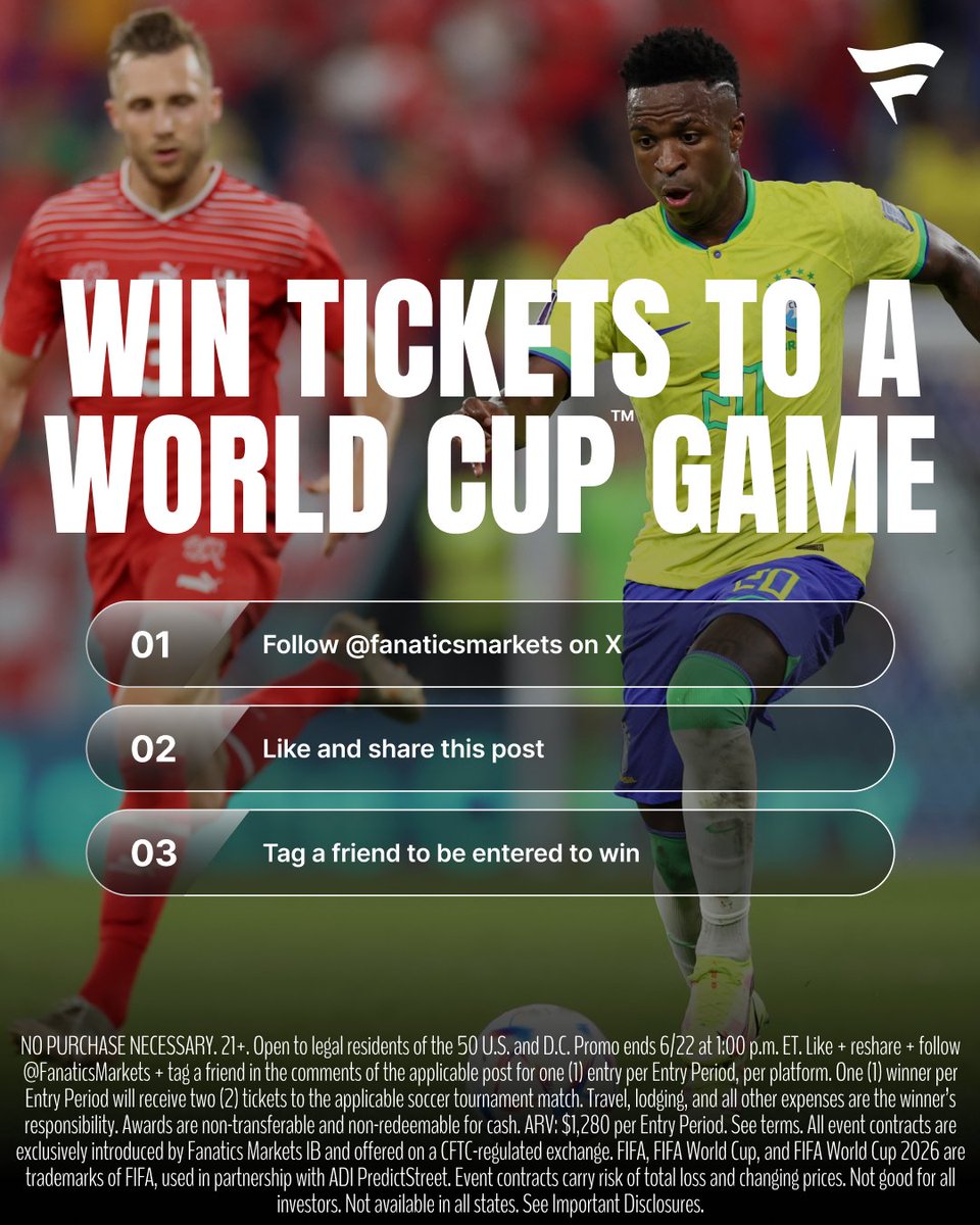fanaticsmarkets's tweet photo. THE ROUND OF 16 IS ALMOST HERE AND WE'RE SENDING ONE FAN AND A FRIEND TO SEE IT LIVE.

Two tickets. One winner. The best futbol is still ahead:
👤 Follow @fanaticsmarkets on X
🔁 Like and share this post
🏟️ Tag a friend you want to take

Winner selected June 22. https://t.co/IQFrNVK58L