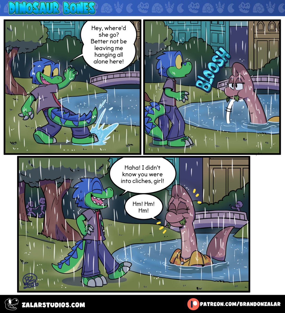 ZarlandRex's tweet photo. Our sauropod is all in for the goofy fun! 🦕🌊 (3/5)
#dinosaurbonescomic #dinosaurs #comic #webcomic https://t.co/kUEkiZ91B7