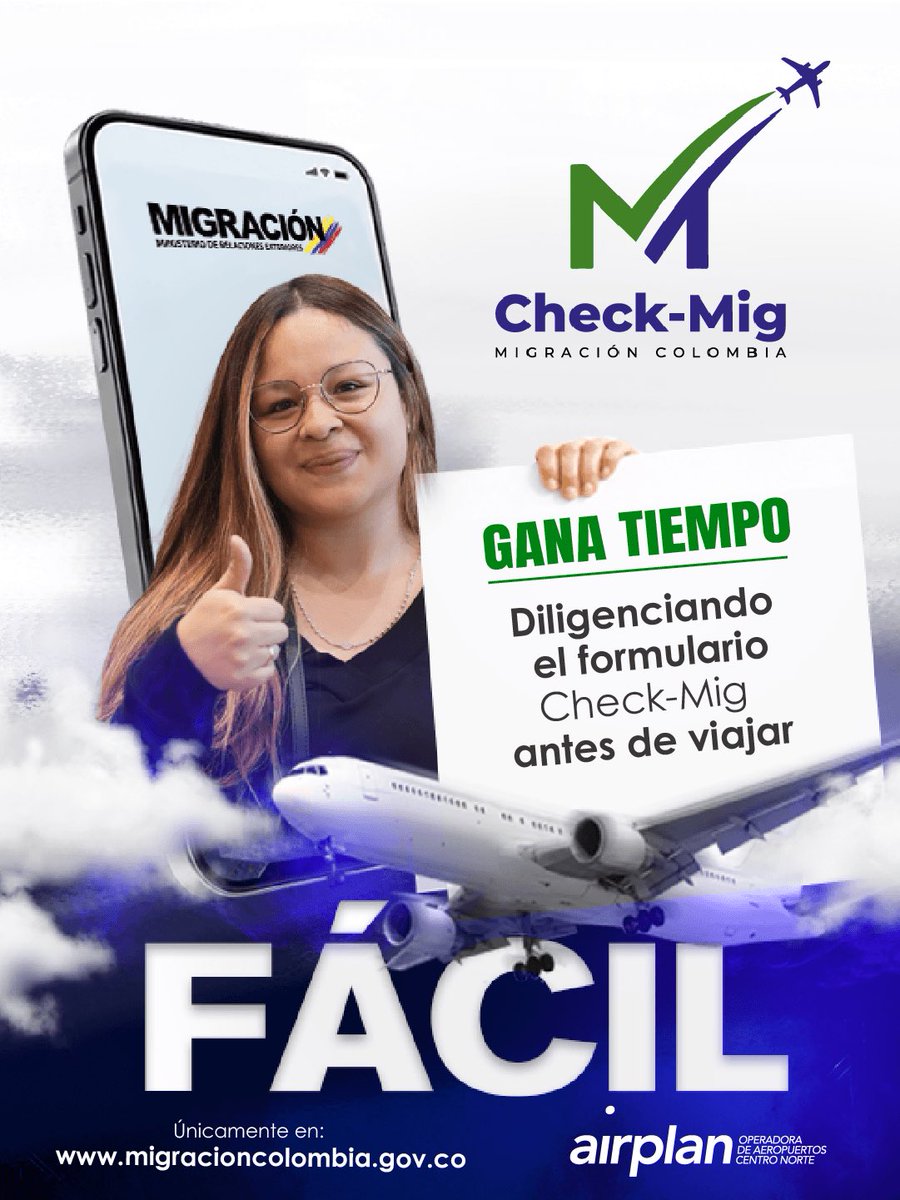 MigracionCol's tweet photo. #TipsViajeros🧳 | Ahorra tiempo en tu proceso de control migratorio diligenciando #CheckMig, sin costo. Únicamente a través de la página web de @MigracionCol 👇🏼
https://t.co/vbM1Fc8o2P https://t.co/1xMheNPyDg