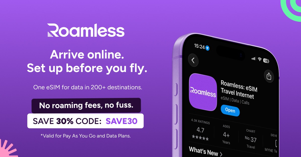 GoRoamless's tweet photo. No SIM swap, no roaming shock. Just data in 200+ destinations. Get 30% off with code SAVE30.