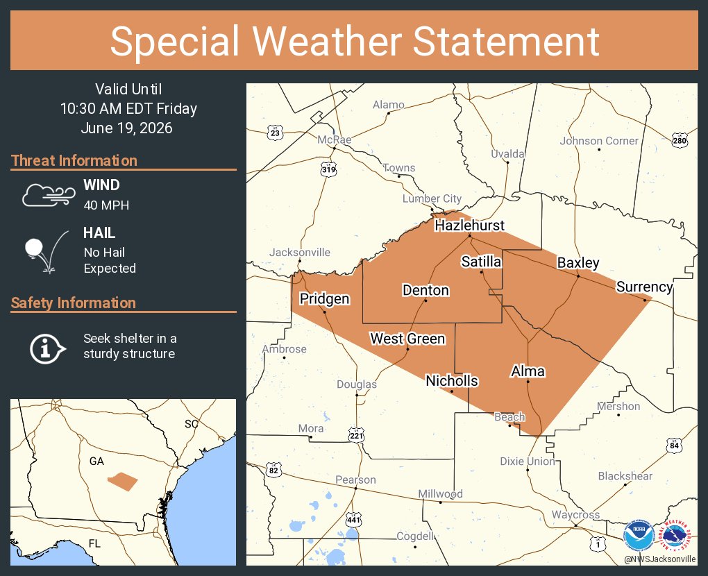 This graphic displays a special weather statement plotted on a map. The statement is in effect until 10:30 AM EDT.  The statement includes Baxley GA, Hazlehurst GA and  Alma GA.  The threats associated with this storm are wind gusts up to 40 MPH and no hail is expected. Seek shelter in a sturdy structure until the storm passes.