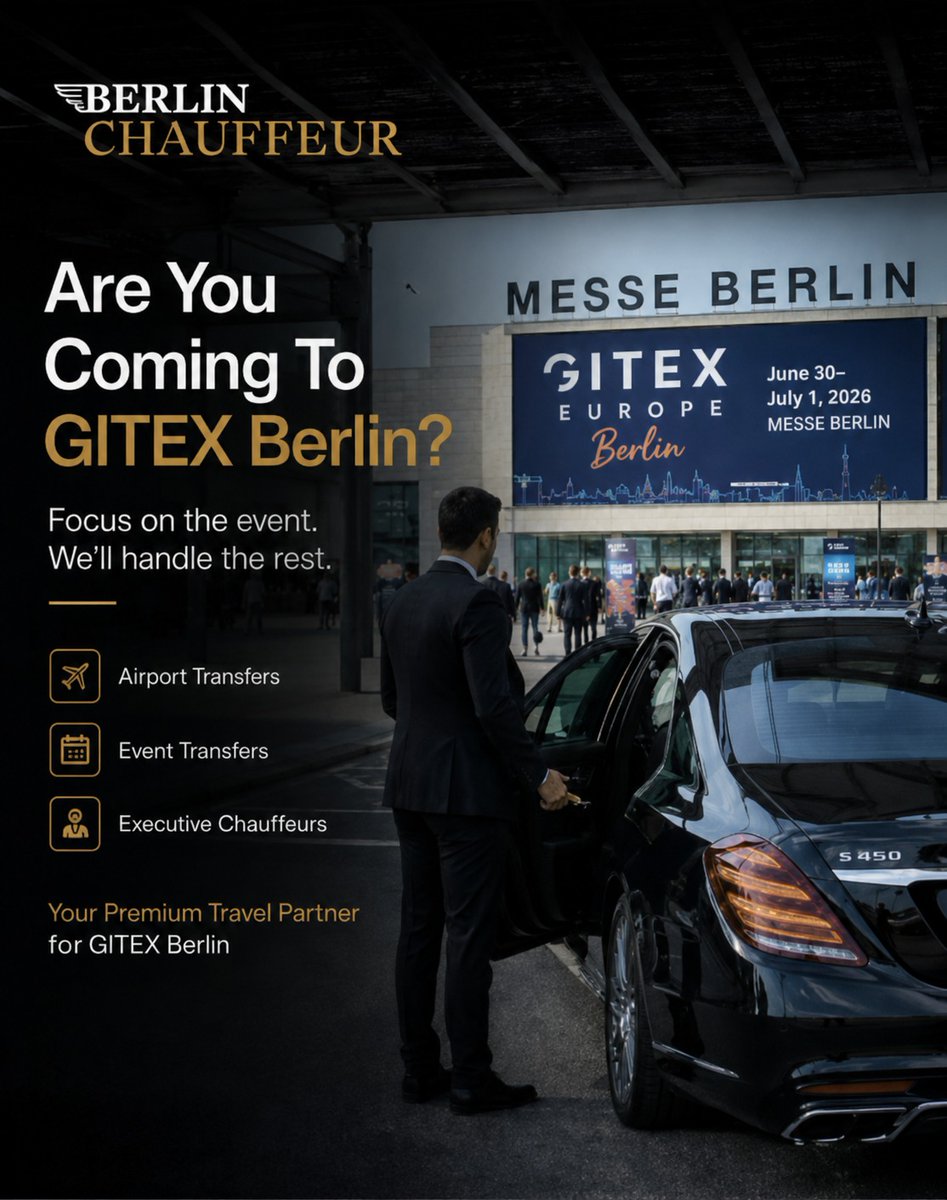 Berlinchauff's tweet photo. Heading to #GITEXBerlin?

Make every arrival count with premium airport transfers and executive chauffeur services from Berlin Chauffeur.
Arrive on time. Travel in comfort. Focus on business.

#berlinechauffeur #ExecutiveTravel #BusinessTravel #Berlin https://t.co/8u47Wr5do3