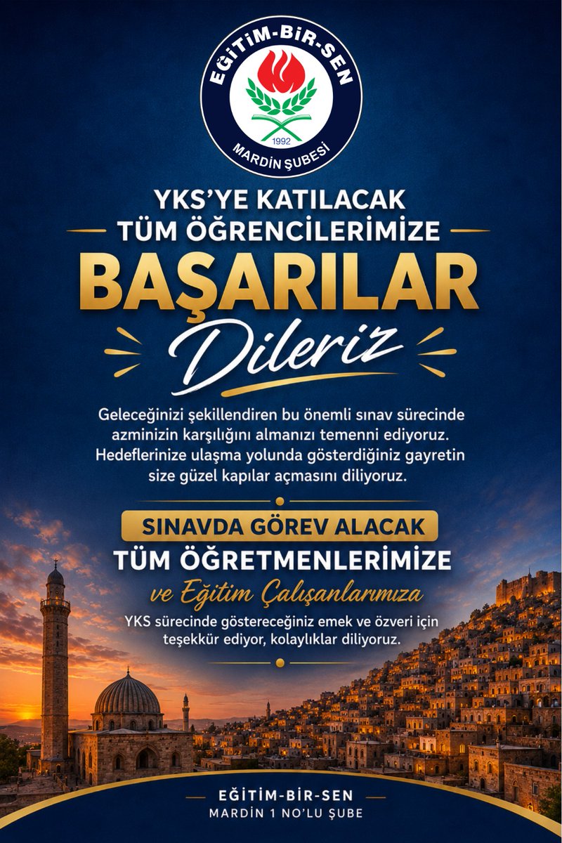 ebsmardin's tweet photo. YKS’ye girecek tüm öğrencilerimize başarılar diliyor, öğrencilerimize rehberlik yapan ve geleceğe hazırlayan tüm öğretmenlerimize teşekkür ediyoruz.

Okulları sınava hazırlayan idareci ve yardımcı hizmetli arkadaşlarımıza, sınavda görev alan eğitim çalışanlarımıza ve emniyet görevlilerimize kolaylıklar diliyoruz.

#YKS2026