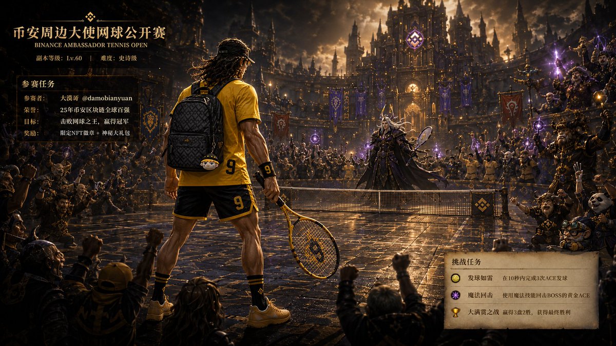 damobianyuan's tweet photo. 原本只是来参加一场 @binancezh  周边大使网球赛。

结果一进场就感觉不对劲。

这地方怎么看都不像普通球场，反倒像误入了魔兽世界里的某个副本。

观众席坐满了联盟和部落，连平时只在团本里出现的 Boss，都跑来围观了。

球场另一边，站着这次副本的最终 Boss：

网球之王。

听说他已经连续很多年没输过。

不过来都来了，总不能空手回去。

我摘下背包，拿起球拍走进赛场。

这一局，先把 Boss 打了再说。