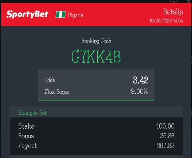 Favourdinho107's tweet photo. 3 ODDS ON SPORTY 

DAY 2: G7KK4B, GB8DL0

⏳
INVEST RESPONSIBLY🙂‍↔️.
Join the journey if you believe 🚀💰🥂

#rollover https://t.co/8zDGeQAugy
