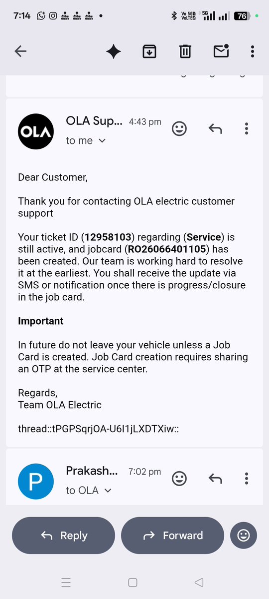 prakashmishradc's tweet photo. After sending the final consumer court draft via email, @OlaElectric finally re-activated my Ticket #12958103 &amp; created Job Card RO26066401105! Their tech collected the dead charger. But what about the LIVE data fraud where the ticket was wiped out twice yesterday? @bhash (1/2) https://t.co/YLWTE7Iszl
