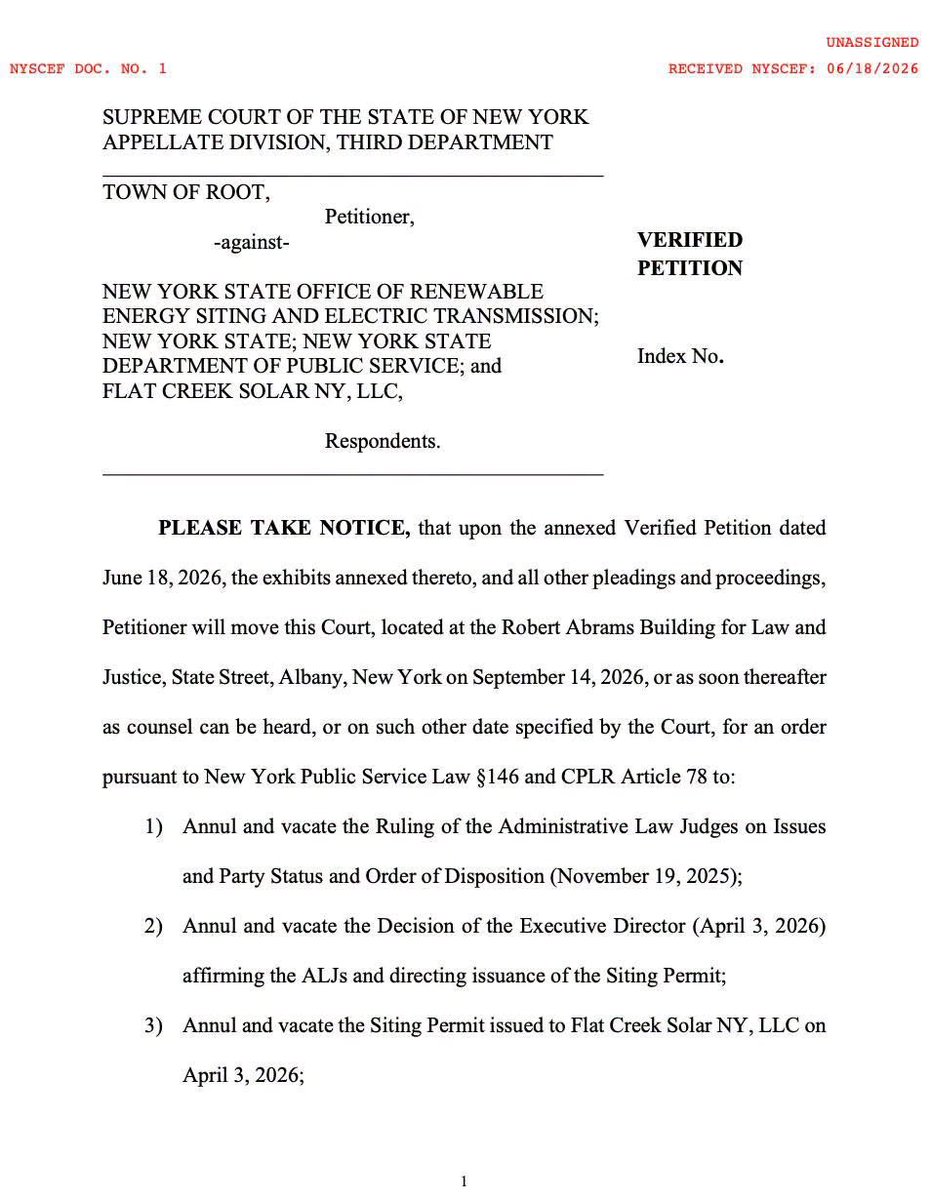 alex_fasulo's tweet photo. FOUR different lawsuits were filed in Montgomery County, New York yesterday against the Office of Renewable Energy Siting (ORES).

The Town of Root, the Town of Canajoharie, Montgomery County, and Residents for the Preservation of the Mohawk Valley each filed their own lawsuit against ORES and the New York State Department of Public Service in the case of Flat Creek Solar.

That name might sound familiar to you all. The proposed Flat Creek Solar project site contains eagles' nests. The picture attached below is one that I took, right in Canajoharie, of a mature eagle within the facility map.

Residents in the area have made ORES and the @NYSDEC aware there are eagles present and nesting. The DEC either doesn't respond to the emails, or uploads them to the ORES docket REDACTED.

For a county, two towns, and a nonprofit to have to SUE to defend itself against authoritarian bureaucratic overreach coming out of Albany, New York, treating our rural counties like a dumping ground for their renewable energy experiments... should tell you how dire this has become.

It is unprecedented for a county and towns to stand up to ORES like Montgomery County has. They are a model county when it comes to going up against the "powers that be" no matter the fall out.

This same county filed THREE prior lawsuits against ORES in the case of Mill Point Solar last month as well.

In the four newly filed lawsuits, each one brings its own angle to how ORES has failed rural New York. 

Together, the lawsuits over Flat Creek Solar argue ORES:
- Denied meaningful participation.
- Denied party status.
- Refused to hold hearings.
- Waived local laws improperly.
- Issued the permit anyway.

Bravo to the men and women of Montgomery County putting up the fight of a lifetime. And none of this is cheap! They are paying to preserve what's left of our Upstate NY rural heritage.

This should be national news.