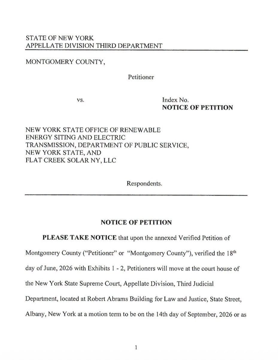 alex_fasulo's tweet photo. FOUR different lawsuits were filed in Montgomery County, New York yesterday against the Office of Renewable Energy Siting (ORES).

The Town of Root, the Town of Canajoharie, Montgomery County, and Residents for the Preservation of the Mohawk Valley each filed their own lawsuit against ORES and the New York State Department of Public Service in the case of Flat Creek Solar.

That name might sound familiar to you all. The proposed Flat Creek Solar project site contains eagles' nests. The picture attached below is one that I took, right in Canajoharie, of a mature eagle within the facility map.

Residents in the area have made ORES and the @NYSDEC aware there are eagles present and nesting. The DEC either doesn't respond to the emails, or uploads them to the ORES docket REDACTED.

For a county, two towns, and a nonprofit to have to SUE to defend itself against authoritarian bureaucratic overreach coming out of Albany, New York, treating our rural counties like a dumping ground for their renewable energy experiments... should tell you how dire this has become.

It is unprecedented for a county and towns to stand up to ORES like Montgomery County has. They are a model county when it comes to going up against the "powers that be" no matter the fall out.

This same county filed THREE prior lawsuits against ORES in the case of Mill Point Solar last month as well.

In the four newly filed lawsuits, each one brings its own angle to how ORES has failed rural New York. 

Together, the lawsuits over Flat Creek Solar argue ORES:
- Denied meaningful participation.
- Denied party status.
- Refused to hold hearings.
- Waived local laws improperly.
- Issued the permit anyway.

Bravo to the men and women of Montgomery County putting up the fight of a lifetime. And none of this is cheap! They are paying to preserve what's left of our Upstate NY rural heritage.

This should be national news.