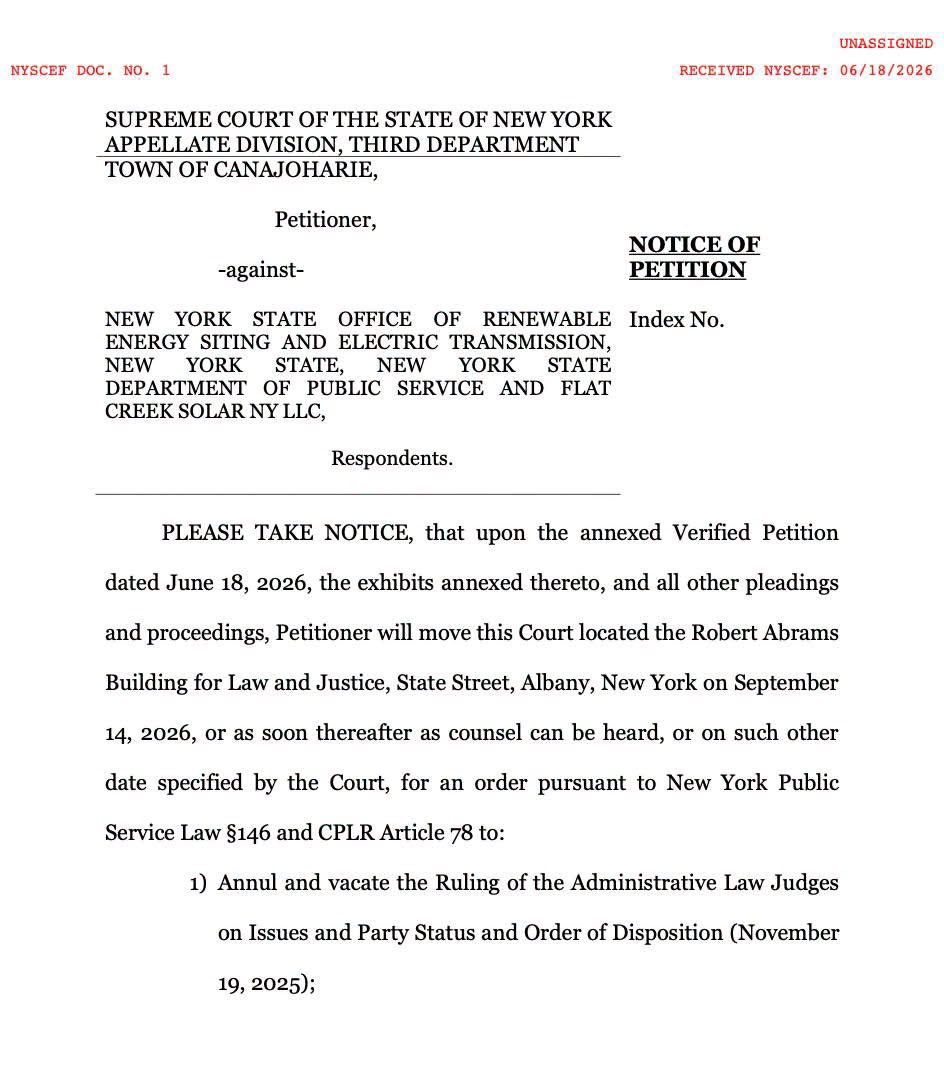 alex_fasulo's tweet photo. FOUR different lawsuits were filed in Montgomery County, New York yesterday against the Office of Renewable Energy Siting (ORES).

The Town of Root, the Town of Canajoharie, Montgomery County, and Residents for the Preservation of the Mohawk Valley each filed their own lawsuit against ORES and the New York State Department of Public Service in the case of Flat Creek Solar.

That name might sound familiar to you all. The proposed Flat Creek Solar project site contains eagles' nests. The picture attached below is one that I took, right in Canajoharie, of a mature eagle within the facility map.

Residents in the area have made ORES and the @NYSDEC aware there are eagles present and nesting. The DEC either doesn't respond to the emails, or uploads them to the ORES docket REDACTED.

For a county, two towns, and a nonprofit to have to SUE to defend itself against authoritarian bureaucratic overreach coming out of Albany, New York, treating our rural counties like a dumping ground for their renewable energy experiments... should tell you how dire this has become.

It is unprecedented for a county and towns to stand up to ORES like Montgomery County has. They are a model county when it comes to going up against the "powers that be" no matter the fall out.

This same county filed THREE prior lawsuits against ORES in the case of Mill Point Solar last month as well.

In the four newly filed lawsuits, each one brings its own angle to how ORES has failed rural New York. 

Together, the lawsuits over Flat Creek Solar argue ORES:
- Denied meaningful participation.
- Denied party status.
- Refused to hold hearings.
- Waived local laws improperly.
- Issued the permit anyway.

Bravo to the men and women of Montgomery County putting up the fight of a lifetime. And none of this is cheap! They are paying to preserve what's left of our Upstate NY rural heritage.

This should be national news.
