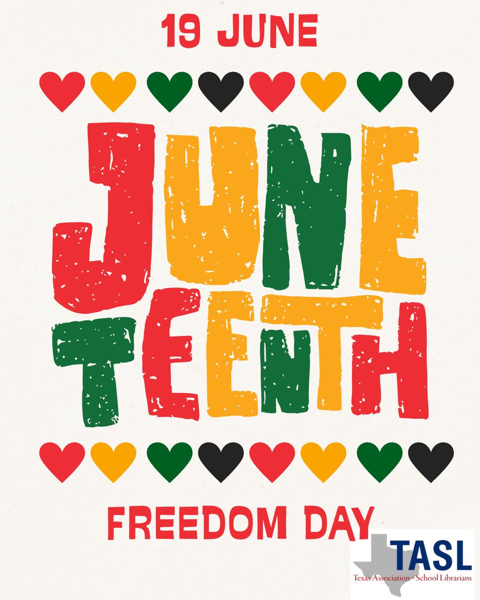 TxASL's tweet photo. ❤️💛💚🖤 On Juneteenth, we honor the end of slavery in the United States and celebrate the resilience, achievements, and contributions of Black Americans.

School librarians help preserve history, amplify diverse voices, and ensure students have access to stories that inform, inspire, and empower. #Juneteenth #FreedomDay #TxASL