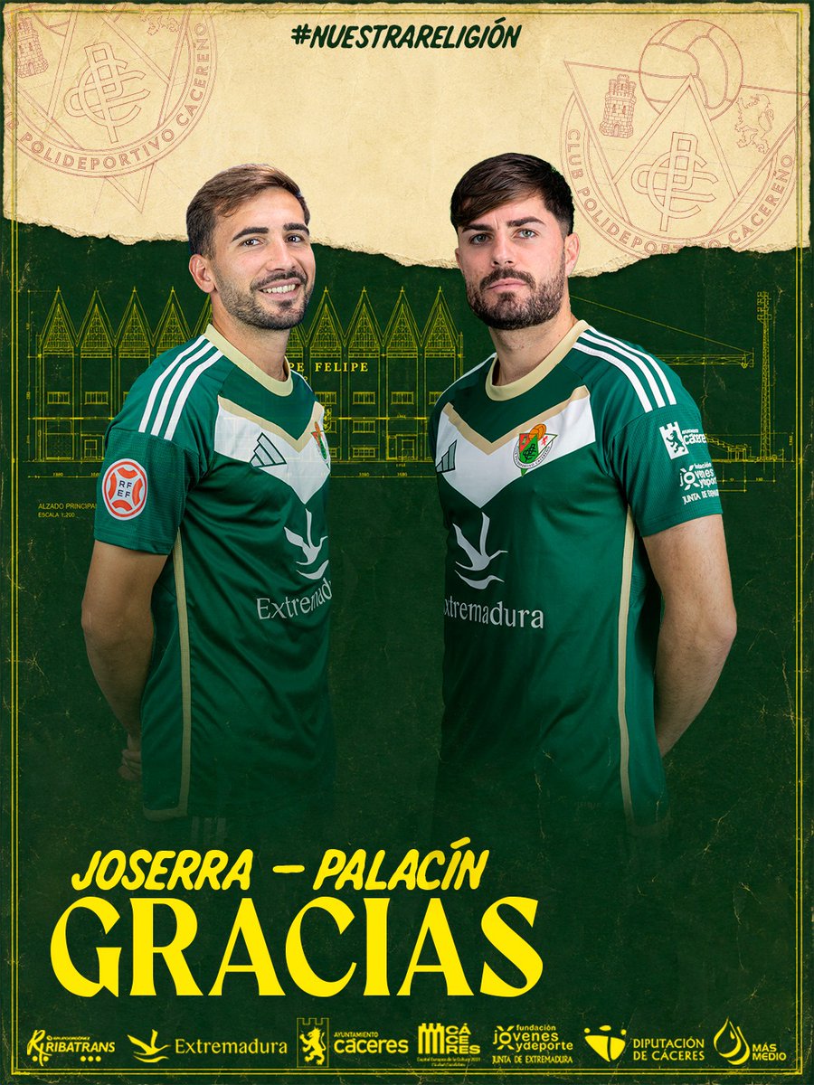 CPCacerenoSAD's tweet photo. ❌ I BAJAS

@joserradediego3 y @paupalacin9 no continuarán en el #CPCacereño la próxima temporada.

🛡️ El ascenso a #PrimeraFederación y la posterior permanencia estarán ligados, entre otros muchos, a vuestros nombres.

Desde el club queremos agradecerles todo el esfuerzo realizado por el club durante las diferentes temporadas y les deseamos toda la suerte en sus nuevos proyectos.