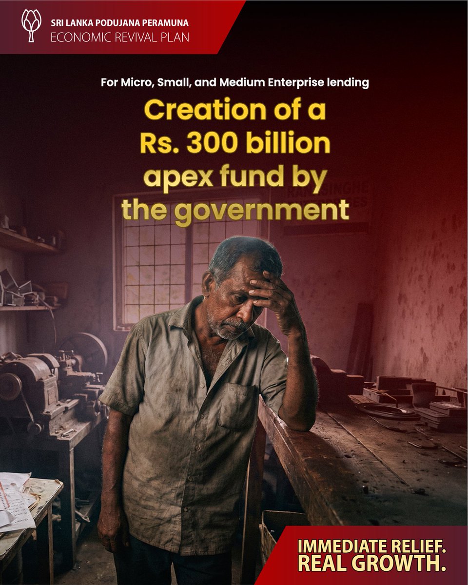RajapaksaNamal's tweet photo. Access to affordable finance remains one of the biggest barriers facing Sri Lankan businesses.

That is why the SLPP Economic Revival Plan establishes a Rs. 300 billion SME Credit Guarantee Scheme, enabling entrepreneurs to access financing at just 3% interest through cooperative and non-bank financial institutions.

Supporting enterprise today creates jobs and growth tomorrow.

#ReliefToResults #SMEs #EconomicGrowth