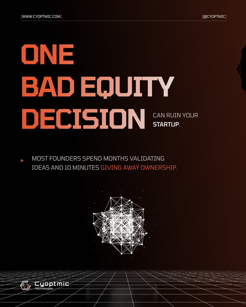 cyoptmic's tweet photo. Equity is ownership, not a thank-you gift.

Before giving it away, ask:
• Do they create leverage?
• Are they taking real risk?
• Will they matter in 5 years?

A bad cap table can cost years.

What’s the biggest equity mistake founders make? https://t.co/Bu6wUrjmXM