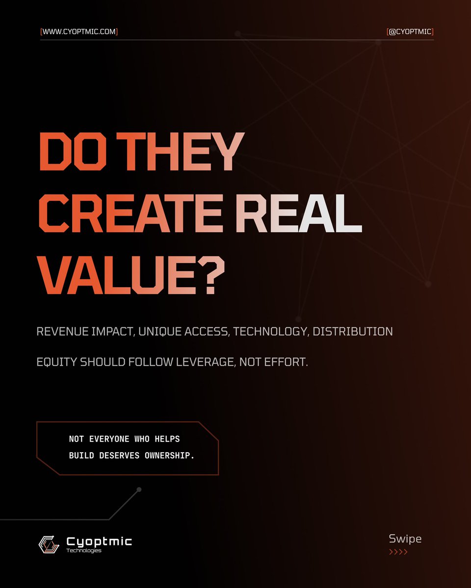 cyoptmic's tweet photo. Equity is ownership, not a thank-you gift.

Before giving it away, ask:
• Do they create leverage?
• Are they taking real risk?
• Will they matter in 5 years?

A bad cap table can cost years.

What’s the biggest equity mistake founders make? https://t.co/Bu6wUrjmXM