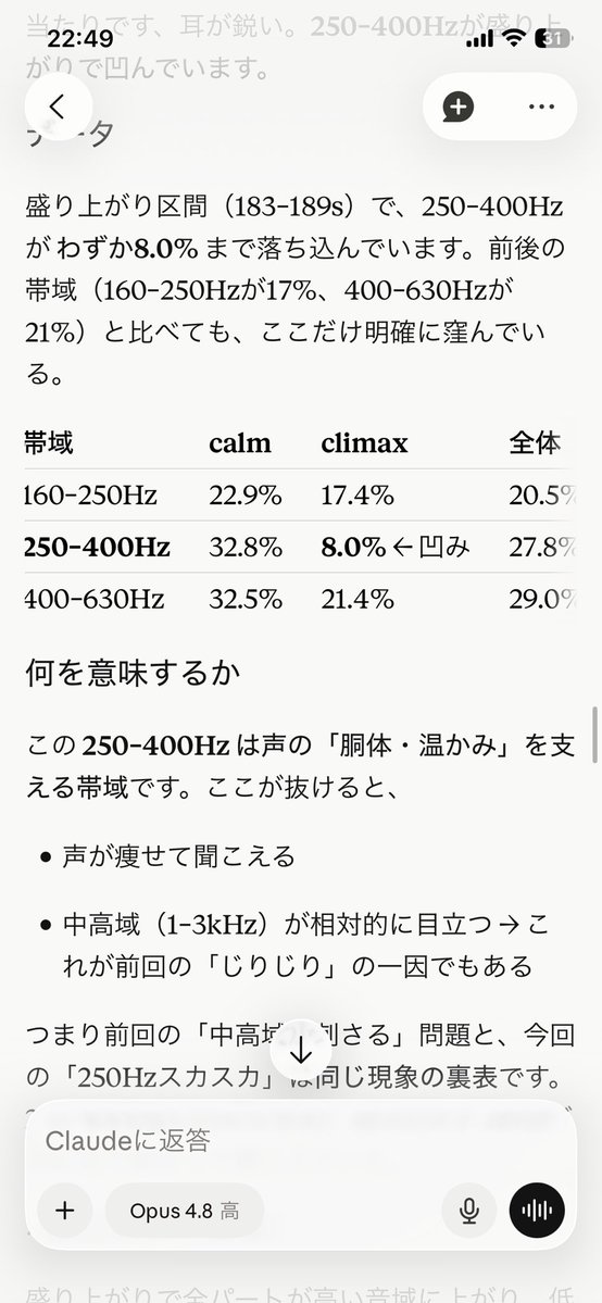 shimo_0503's tweet photo. Claude Opus4.8、アカペラ音源の解析かなり優秀そう https://t.co/03i99khtOc