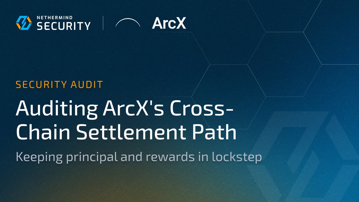NethermindSec's tweet photo. We completed a security review of @arcxtrade, a yield-decomposition protocol on Starknet that settles across chains by bridging USDC into Wildcat markets through CCTP. The review covered the full Cairo and Solidity codebase, with close attention to the token decomposition model and the cross-chain settlement path. The higher-severity findings were fixed ahead of the beta.