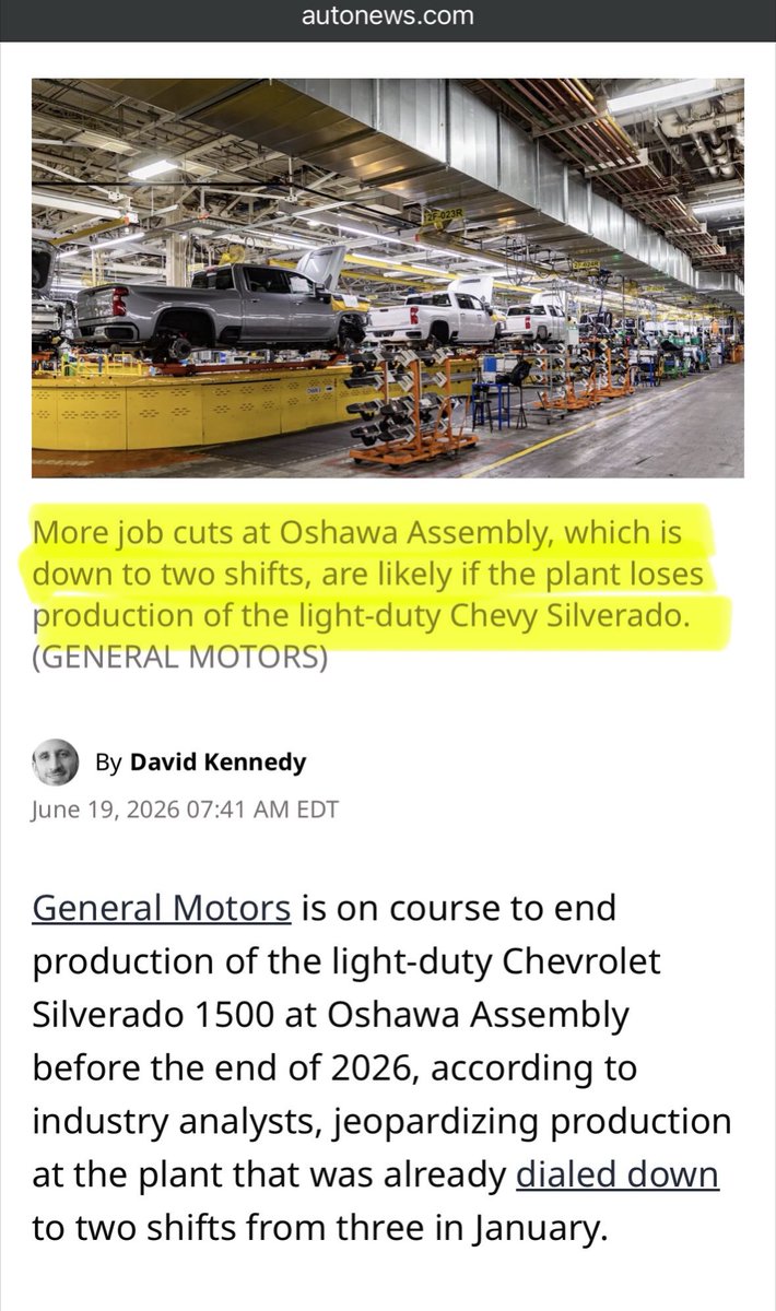 ryangerritsen's tweet photo. The hits just keep on coming. GM is expected to drop the Chevy Silverado 1500 from Oshawa Assembly plant. 
More job cuts are expected. But let’s keep propping up Doug Ford and his booze ban that’s helping no one & cheering elbows up!

Anyone working at these auto plants needs to wake up & start demanding action from our Government regarding a trade deal or you will be out of a job. 
Stop cheering on Carney who is purposely sabotaging our relationship with the U.S.