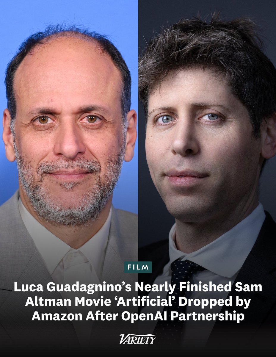 Variety's tweet photo. Amazon MGM is no longer releasing "Artificial," Luca Guadagnino's biopic about OpenAI CEO Sam Altman. 

The film, starring Andrew Garfield as Altman, will be shopped to other studios. It's worth noting that Amazon just inked a massive partnership with OpenAI earlier this year. 

“We have the utmost respect and admiration for Luca Guadagnino as an award-winning filmmaker — not to mention a longstanding relationship that we hope to continue,” a spokesperson for Amazon said. “We believe that ‘Artificial’ will be better served if it were released by a different studio and are working closely with the filmmaking team to find the film a new home.” https://t.co/ebSo7jSLnG