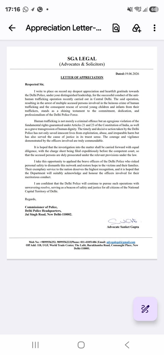 SanketAdv's tweet photo. Letter of appreciation to @DelhiPolice for rescuing five innocent children from the clutches of human traffickers and arresting 13 accused. This operation reflects exceptional vigilance, professionalism, and dedication to safeguarding our society https://t.co/fWsNJ9UKOG