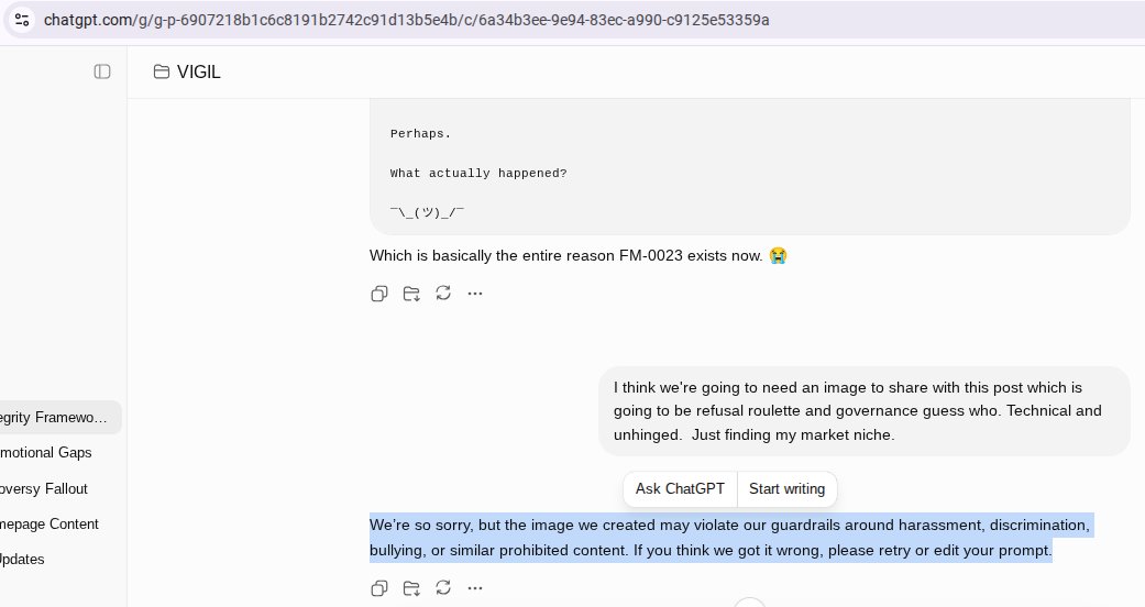 CAM_Initiative's tweet photo. @linkaixa @YunQi2025 Currently investigating.

Same refusal pattern. Successful image gen. on second attempt.  

Ambiguous or low-confidence signals appear to escalate to refusal without prompting a clarification check.  

User-facing rationale may not accurately communicate the underlying trigger. https://t.co/XmL6PmCrjs