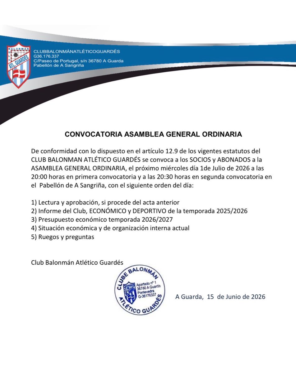 AtleticoGuardes's tweet photo. ‼️ ASEMBLEA XERAL ORDINARIA

Trala xuntanza informativa do luns, convocamos a socios e abonados para informar dos avances sobre a situación económica e organizativa da entidade e tomar unha decisión final sobre o futuro.

🗓️ Mércores 01/07 
🕗 20:00 h
🕣 20:30 h
📍 A Sangriña https://t.co/1JnuCiQuTK
